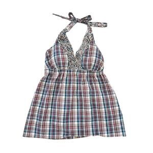Y2K 00s Candie’s Halter Top Women M Plaid Purple Retro Festival Boho Western